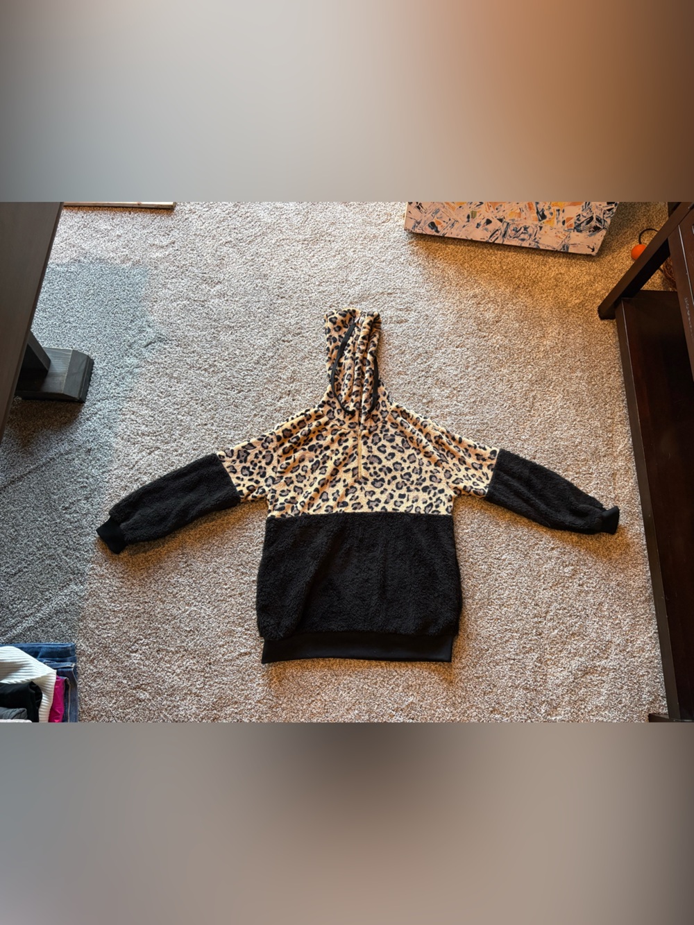 Leopard Panel Teddy Hoodie Jacket - Black & Beige